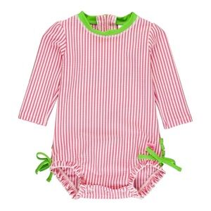 RuffleButts | Infant Seersucker Long Sleeve One Piece Rash Guard Hot Pink - 3-6m